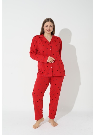 Siyah İnci Curve Büyük Beden Battal Boy Düğmeli Pamuklu Pijama Takımı 7617 Kırmızı Siyah İnci Curve Büyük Beden Battal Boy Düğmeli Pamuklu Pijama Takımı 7617 Kırmızı