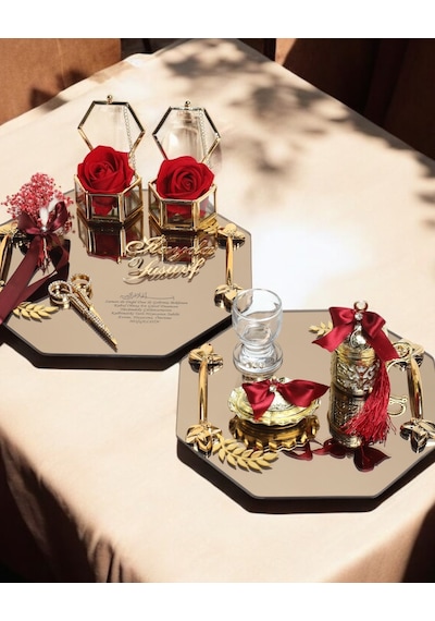 Affinity Sekizgen Gold Söz Nişan Tepsisi Ve Damat Kahve Fincan Tepsisi Kırmızı Kırmızı
