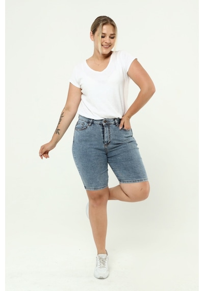 Cedy Denim Kadın Büyük Beden Yüksek Bel Likralı Slimfit Jeans Şort-c606 001
