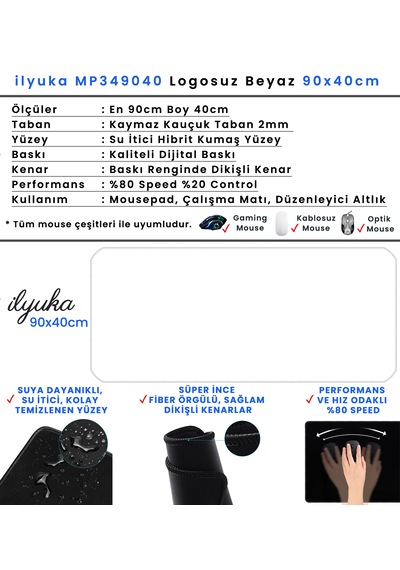 90x40cm Logosuz Beyaz Xxl Büyük Boy İlyuka Gaming Oyuncu Mousepad