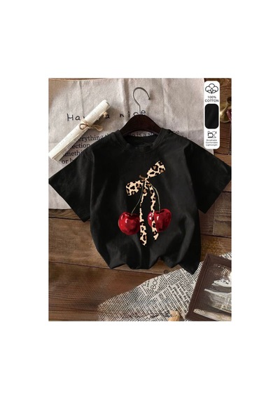 Herkesemoda Vişne Baskı Detaylı Basic T-shirt Siyah
