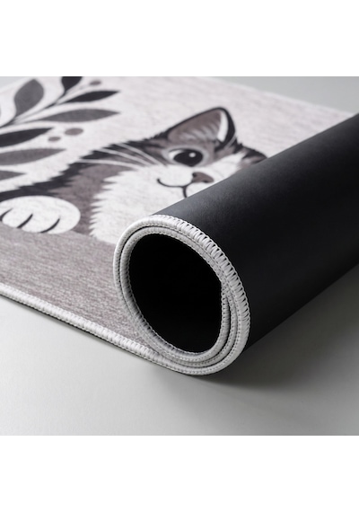 Kartela Halı Merhaba Güle Güle Kedili Kapı Paspası Antrasit Kaymaz Kauçuk Taban Yıkanabilir 60x90 Cm