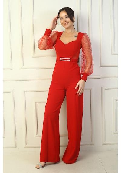 By Saygı Kadın Kalp Yaka Beli Kemerli Kolları Tül Kare Sim Detaylı Palazzo Tulum Kırmızı By Saygı Kadın Kalp Yaka Beli Kemerli Kolları Tül Kare Sim Detaylı Palazzo Tulum Kırmızı