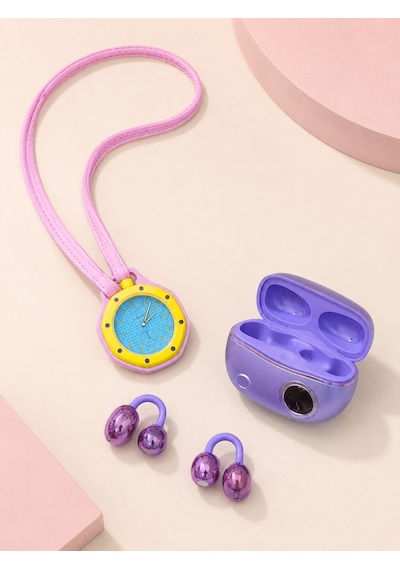 Şarj Kutulu Kablosuz Kulaklık Ve Pembe Çanta Charm Analog Saat Seti Müzik Ve Aksesuar Bir Arada Altın