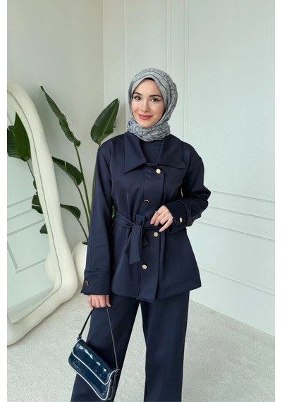 Mihran Butik Sophie Model Bel Kemer Ve Düğme Detaylı Kadın Takım Lacivert Lacivert