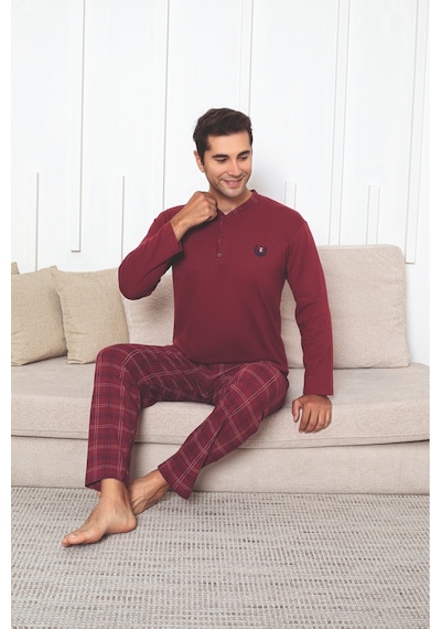 Sude Homewear Erkek Ekoseli Uzun Kollu Pijama Takımı Bordo - Siyah