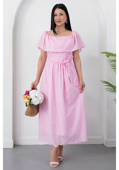 Kalopya Madonna Yaka Kemerli Brode Elbise 2026-4643 Pembe