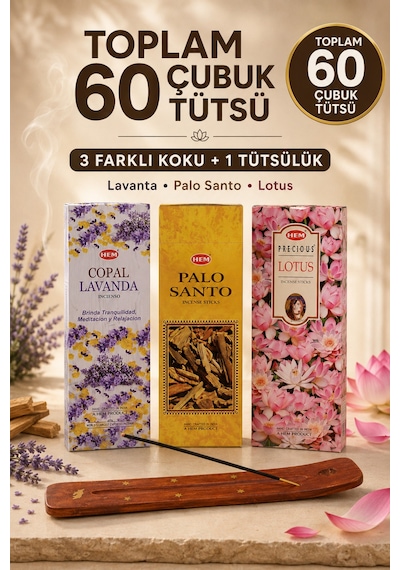 3 Çeşit Çubuk Tütsü Seti 60 Adet Lavanta Palo Santo Lotus Kokulu Ahşap Tütsülük Dahil