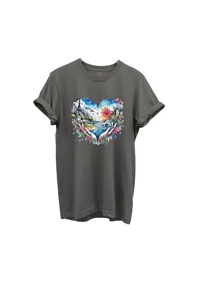 Kalp Şehir Manzaralı Renkli Baskılı %100 Pamuk Regular Fit Unisex T-shirt Gri