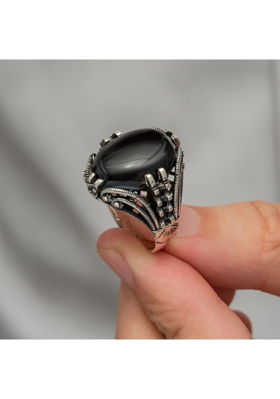 Siyah Oniks Taşlı Oval 925 Gümüş Erkek Yüzük Beyaz