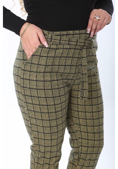 Sea Queen Kadın Büyük Beden Yüksek Bel Kuşaklı Desenli Kaşkorse Pantolon Yesil Kareli - 691783498 Yesil Kareli