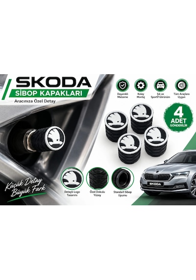 Skoda Sibop Kapağı , Skoda Araç Lastik Sibop Kapağı , Skoda Araç Tekerlek Sibop Kapağı - 4 Adet