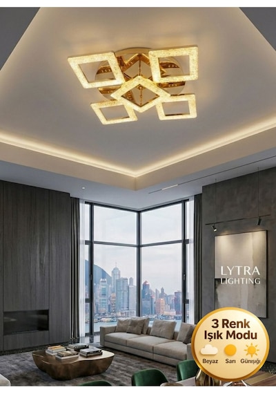 Yakamoz Model 5"li Gold 3 Renk Modu Kristal Salon Mutfak Yatak Çocuk Odası Avize Altın