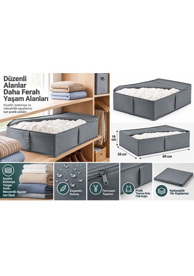 Gri Kumaş Saklama Hurcu 69x55x19 Cm Dolap İçi Düzenleyici Büyük Boy Kıyafet Ve Battaniye Organizer