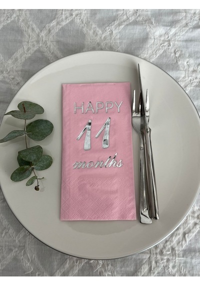 Gümüş Yaldızlı Pembe Happy 11 Yaş Months Garson Katlama Peçete 16 Adet
