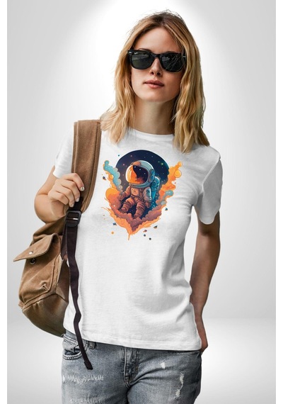 Bulutlar Astronot Uzay Unisex Unisex Beyaz Organik Baskılı T-shirt Penye Yüksek Kalite Beyaz