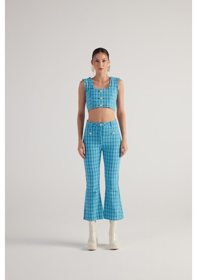 Holly Lolly İspanyol Kesim Tüvit Tweed Pantolon Mavi