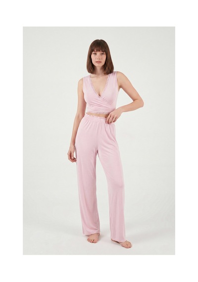 Lela Yumuşak Dokulu Sırtı Bağlamalı Dantelli Crop Pijama Takımı Bayan Pijama Takımı 6575015 Pembe