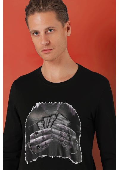 Efor Slim Fit Baskılı Bisiklet Yaka Esnek Pamuk Siyah Tişört Ts 868 Siyah
