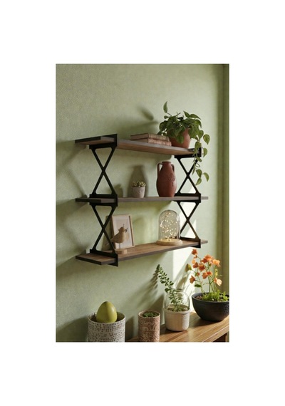 Metal Ayaklı Ceviz Duvar Rafı Modern Dekoratif 3 Katlı Duvar Rafı 90cm Siyah - 865122664 Siyah