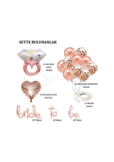 Bride To Be El Yazısı, Tek Taş Yüzük Ve Kalp Folyo Balonlu Rose Gold Set