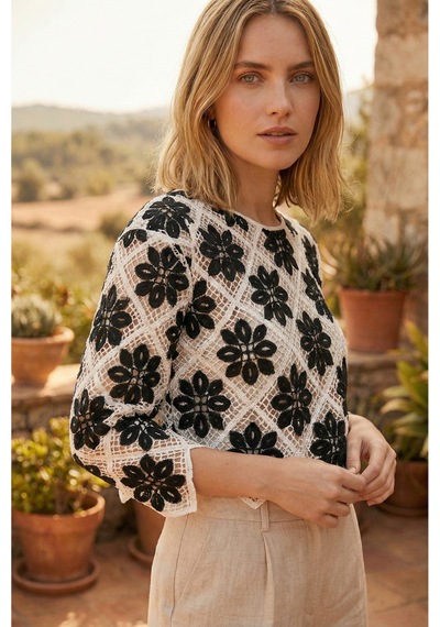 Sayzen Your Shine Çiçek Desenli Dantel Işleme Crop Sayzen Çiçek Desenli Dantel Işleme Crop Beyaz