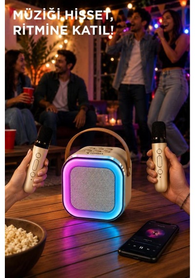 Bluetooth Hoparlör Rgb Işıklı Kablosuz Karaoke Ses Sistemi Çift Mikrofonlu Parti Speaker D94