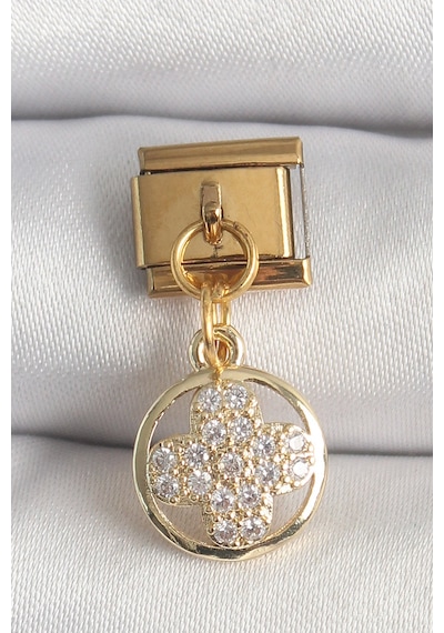 316l Çelik Gold Renk Sallantı Zirkon Taşlı Yonca Model Nomination Charm Altın