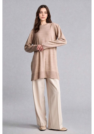 Defacto Regular Fıt Bisiklet Yaka Triko Tunik H3431az26aubg186 Bej-bg186