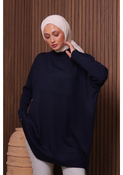 Balenbi Kadın Dik Yaka Basic 80cm Salaş Oversize Triko Tunik 1145 Lacivert