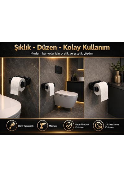 Siyah Lamalı Tuvalet Kağıtlığı, Hem Yapışkanlı Hem Vidalı Montajlı Wc Kağıt Askılığı, Açık Uç Tasarımlı Banyo Tuvalet Kağıdı Tutucu, Mat Siyah Modern Kağıtlık
