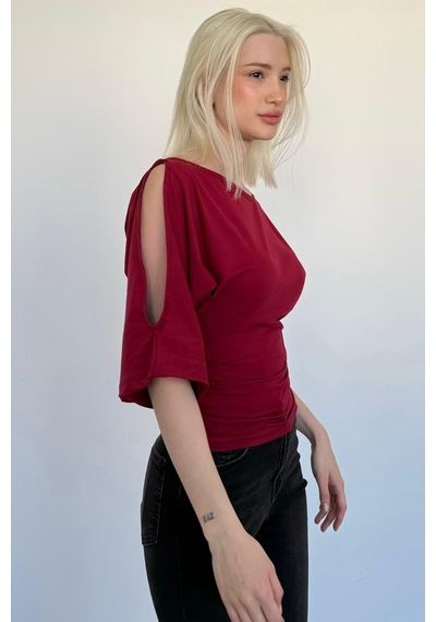 Madmext Bordo Belden Büzgülü Yarasa Kollu Açık Omuz Bluz Mg2672 bordo