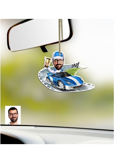 Kişiye Özel Bay Rallici Karikatürlü Ahşap Araba Dikiz Ayna Süsü