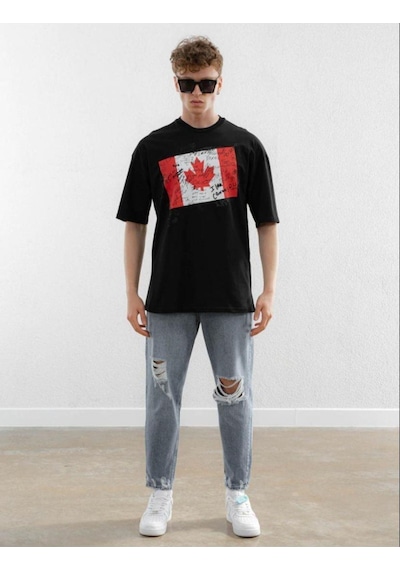 Flood Of Style Erkek Siyah Kanada Baskılı Oversize Bisiklet Yaka T-shirt