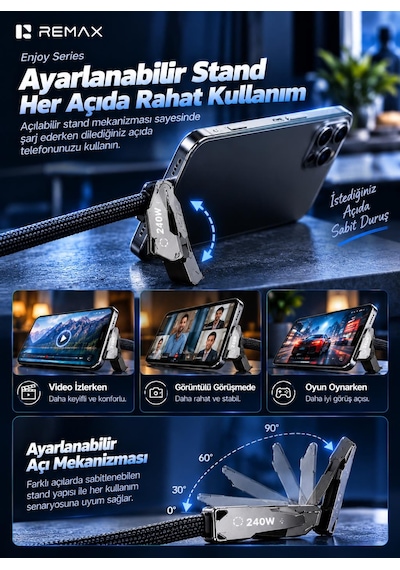 Remax Cb53-cl Enjoy Serisi 30w Pd Type-c To Lightning Telefon Standlı Hızlı Şarj Ve Data Kablosu 1.2 Metre Siyah