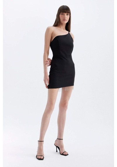 DeFacto Bodycon Vücudu Saran Tek Omuzlu Kolsuz Mini Abiye Elbise D3272AXNSBK27