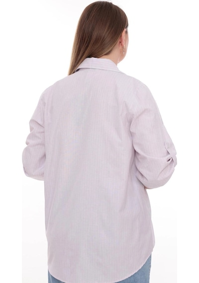 Lady Majestic Büyük Beden Cotton Nakış Detaylı Çizgili Gömlek Şık Ve Rahat Pudra