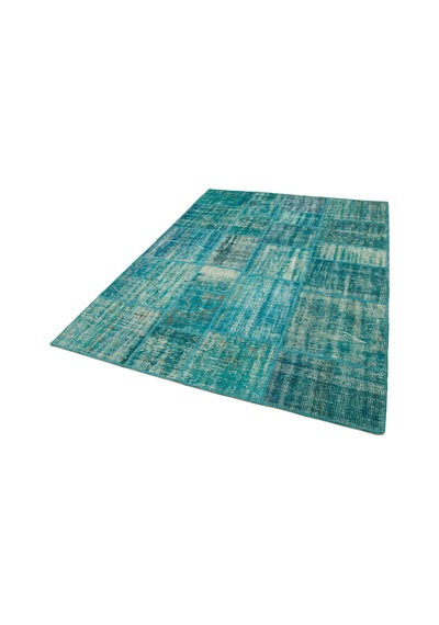 Bespoky Patchwork Turkuaz Geometrik Salon Halısı El Dokuma 31983