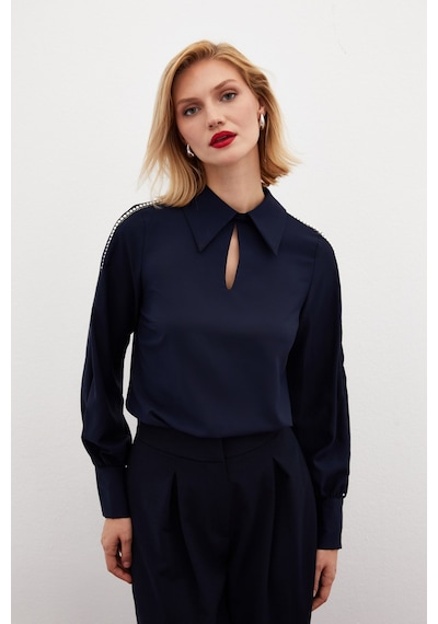 Sateen Kolları İnci Detaylı Bluz - Lacivert