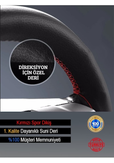 Fiat Brava Özel Süper Deri Direksiyon Kılıfı, Kırmızı Şeritli Spor Dikiş Renkli