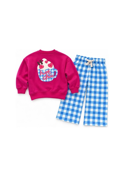 Hot Choc Baskılı Fuşya Sweatshirt Mavi Pötikare Eşofman Alt Üst Takım Süper Kalite Pembe
