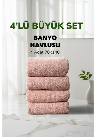 4 Lü Kareli Pudra Renk Yumuşak Pamuk Banyo Havlu Seti 70x140 Cm
