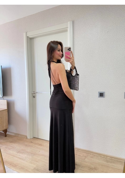 Primemagazam Kadın Sırt Dekolteli Uzun Elbise - Siyah Çeşitli