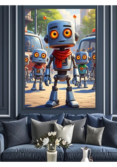 Ahşap Tablo Küçük Robotlar Şehir Yolunda