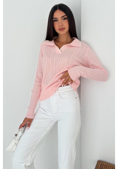 Femelle Kadın Pembe Polo Yaka Standart Beden Triko Bluz