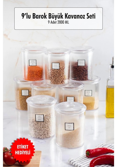 9'lu Barok Yuvarlak Büyük Kavanoz Seti & Saklama Kabı & Erzak Kabı 9 2000 Ml Çok Renkli