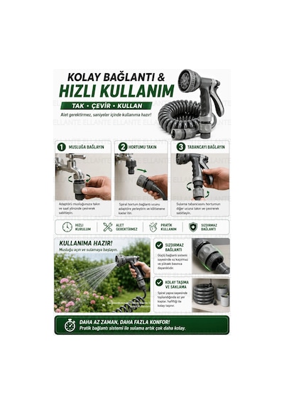 15 Metre Spiral Bahçe Hortumu Seti Çok Fonksiyonlu Sulama Tabancalı Patlama Ve Kopmaya Dayanıklı