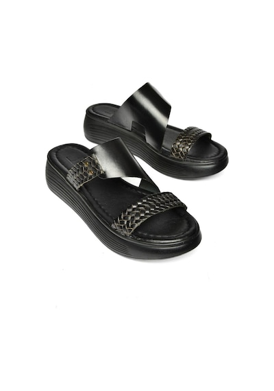 Fox Shoes S291059703 Siyah Hakiki Deri Kalın Tabanlı Kadın Terlik Siyah