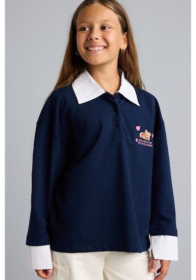 Defacto Regular Fıt Polo Yaka Slogan Baskılı Sweatshirt Kumaşı Uzun Kollu Polo Tişört Kız Çocuk I1642a826aunv244 Lacivert-nv244