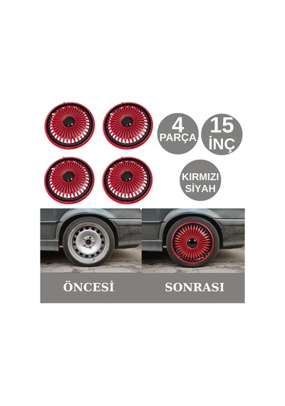 Jant Kapağı Takımı Abiyes 15 İnç Tüm Jantlar İle Uyumlu Tekerlek Göbeği Koruyucu 4 Parça Kırmızı Siyah Glz02702380